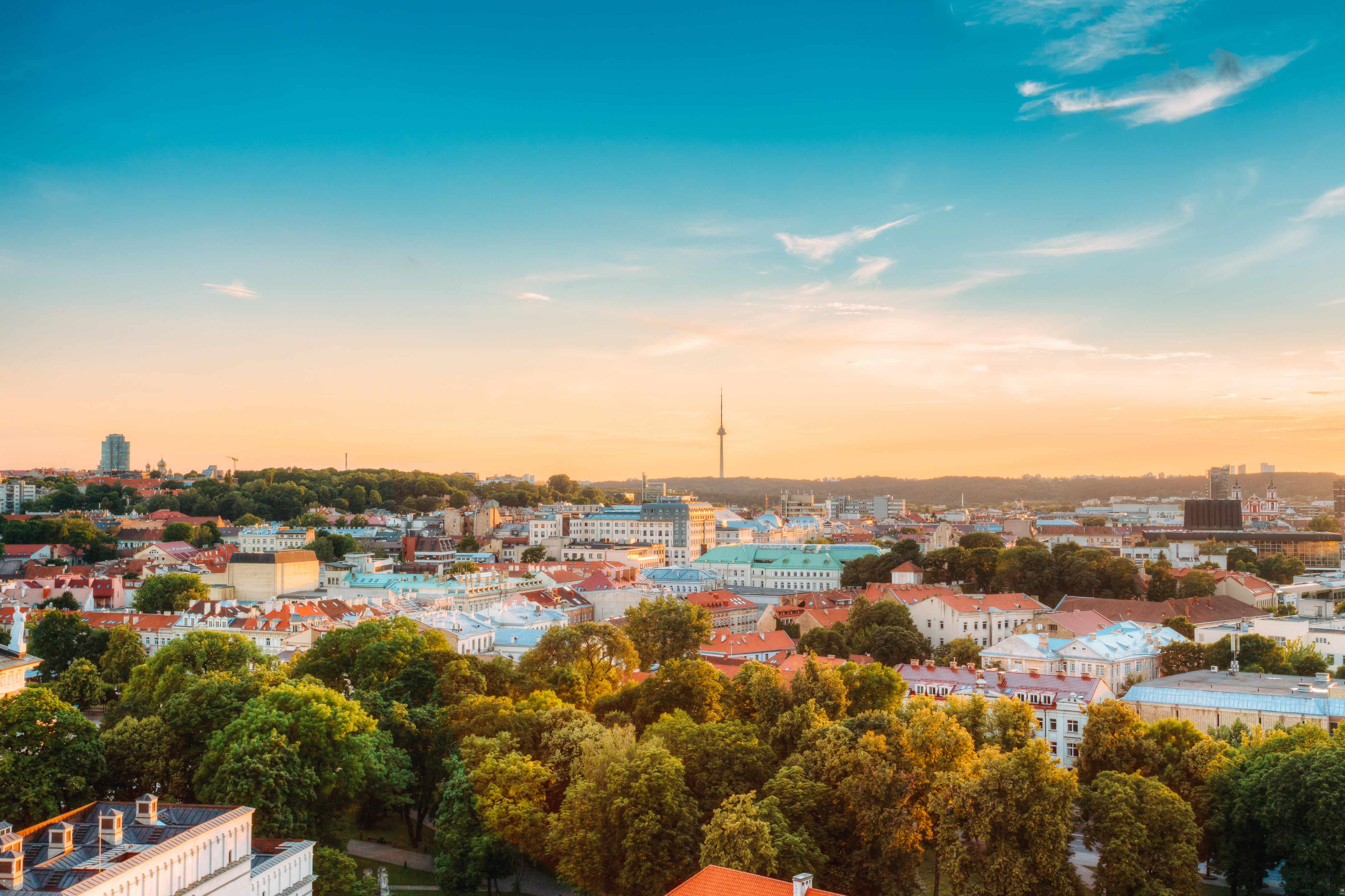 Vilnius, Lithuania. Sunset Sunrise Dawn Above Cityscape In Evening Summer. Beautiful View Of Vilnius